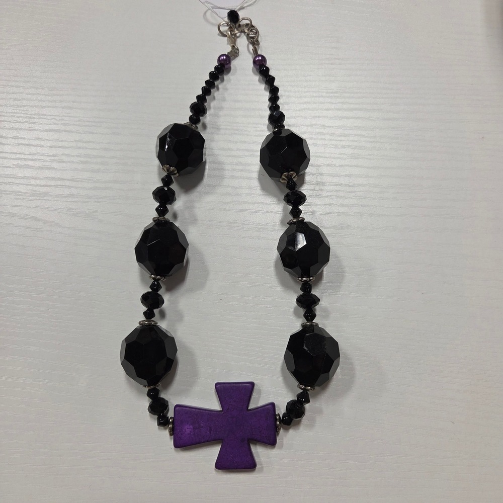 Handmade Purple Stone Cross Necklace Faceted Black Bead Goth Statement Jewelry